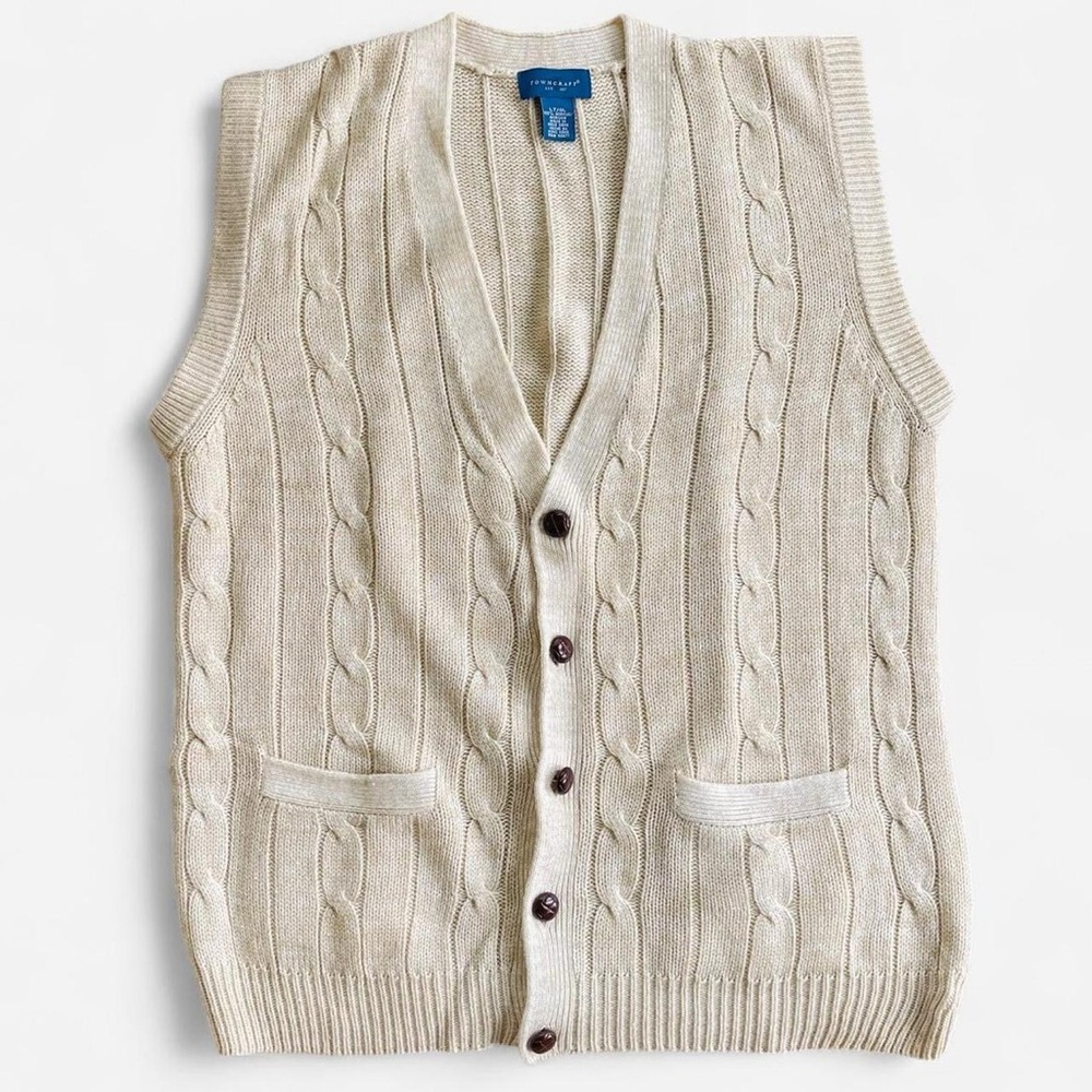 Vintage Men’s Towncraft Cream Tan Cable Knit V-Neck Grandpa Button Sweater Vest